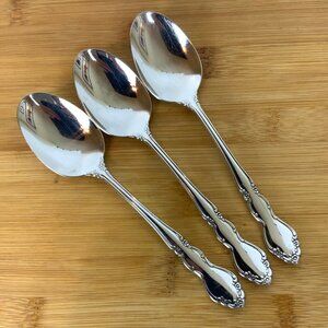 Vintage Oneida Stainless Dover 3 Oval Soup Spoons Cube Logo Replacement Flatware